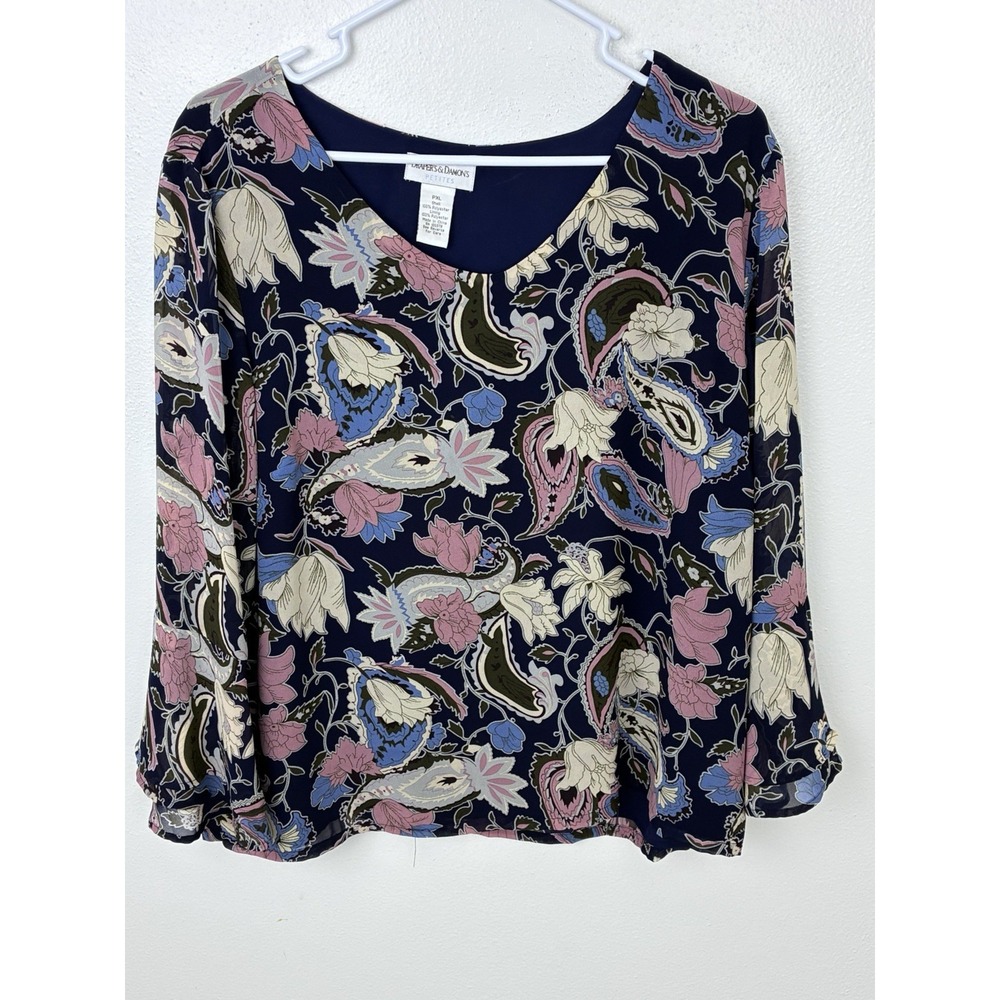 Draper's & Damon's Petites XL Blouse Navy Floral Paisley Chiffon 3/4 Sleeve PXL